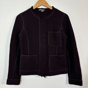 Vince Womens Wool Blend Tweed Boucle Blazer Jacket Fringe Snap Size 6 purple